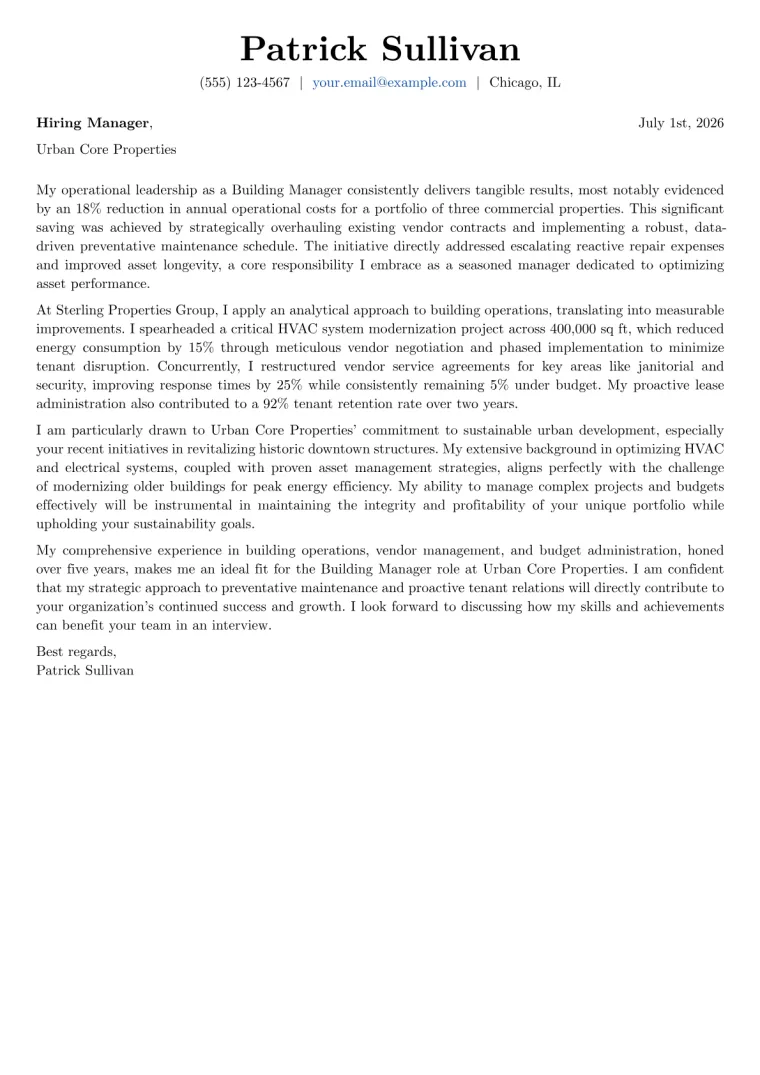 Building Manager Cover Letter Example