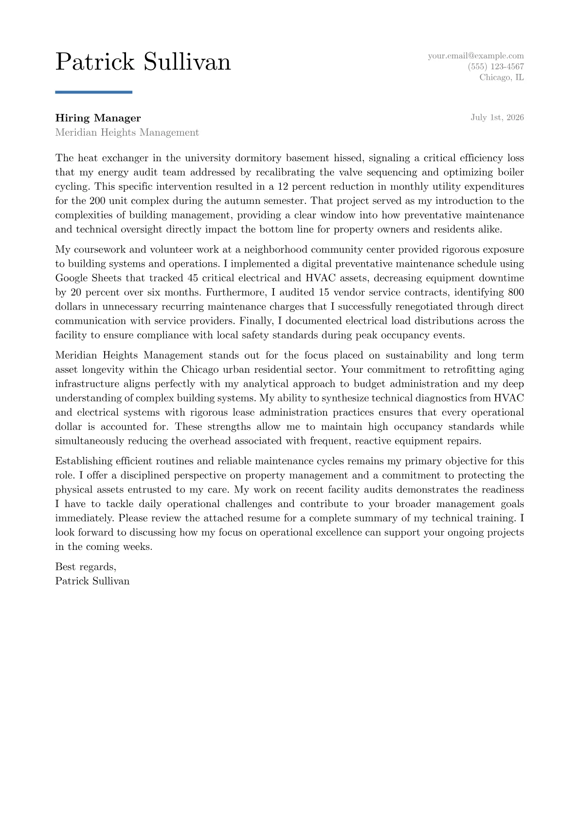 Building Manager cover letter in the Executive design