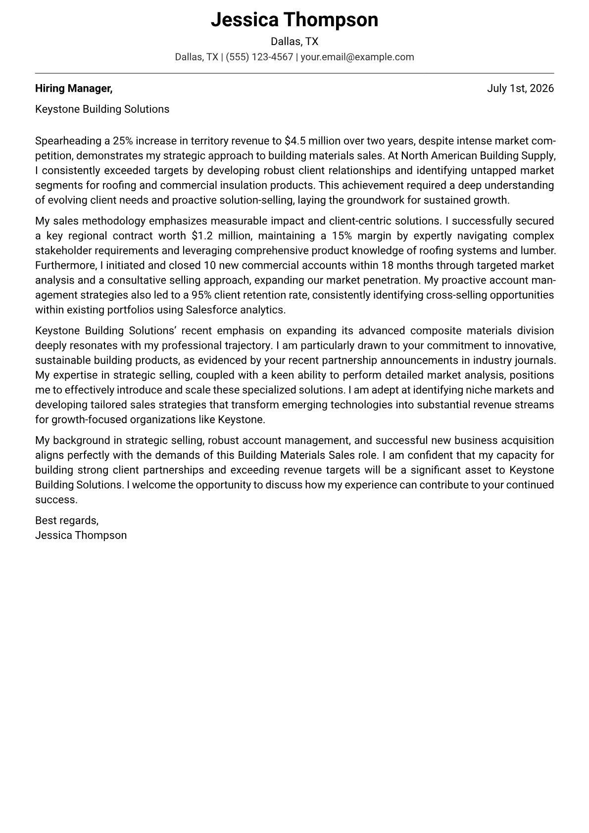 Building Materials Sales cover letter formatted with a JobSprout template