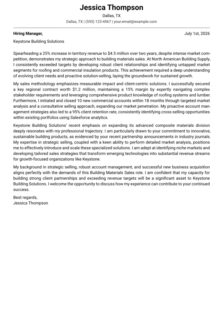 Building Materials Sales cover letter example preview