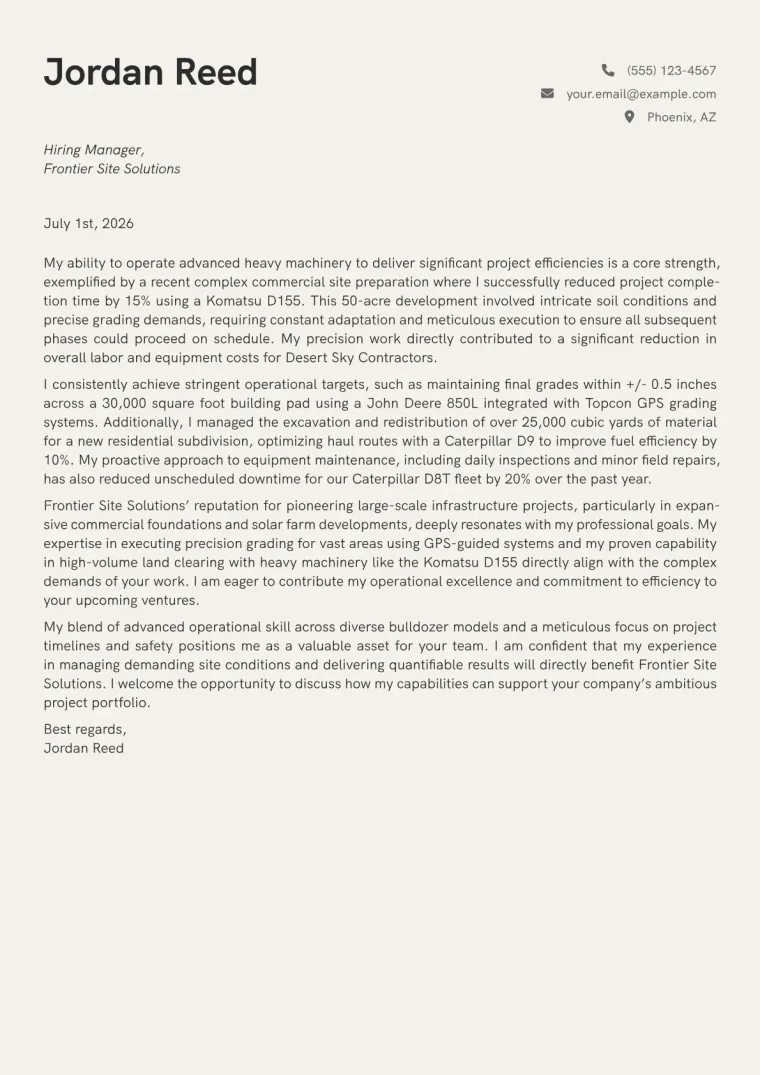 Bulldozer Operator Cover Letter Example