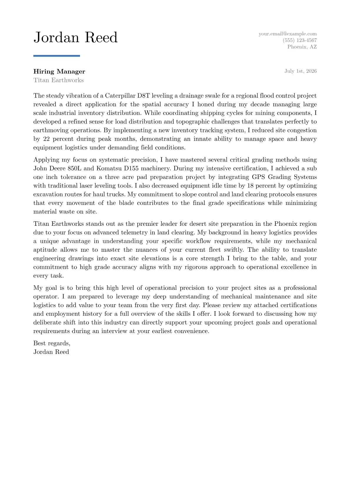 Bulldozer Operator cover letter in the Executive design