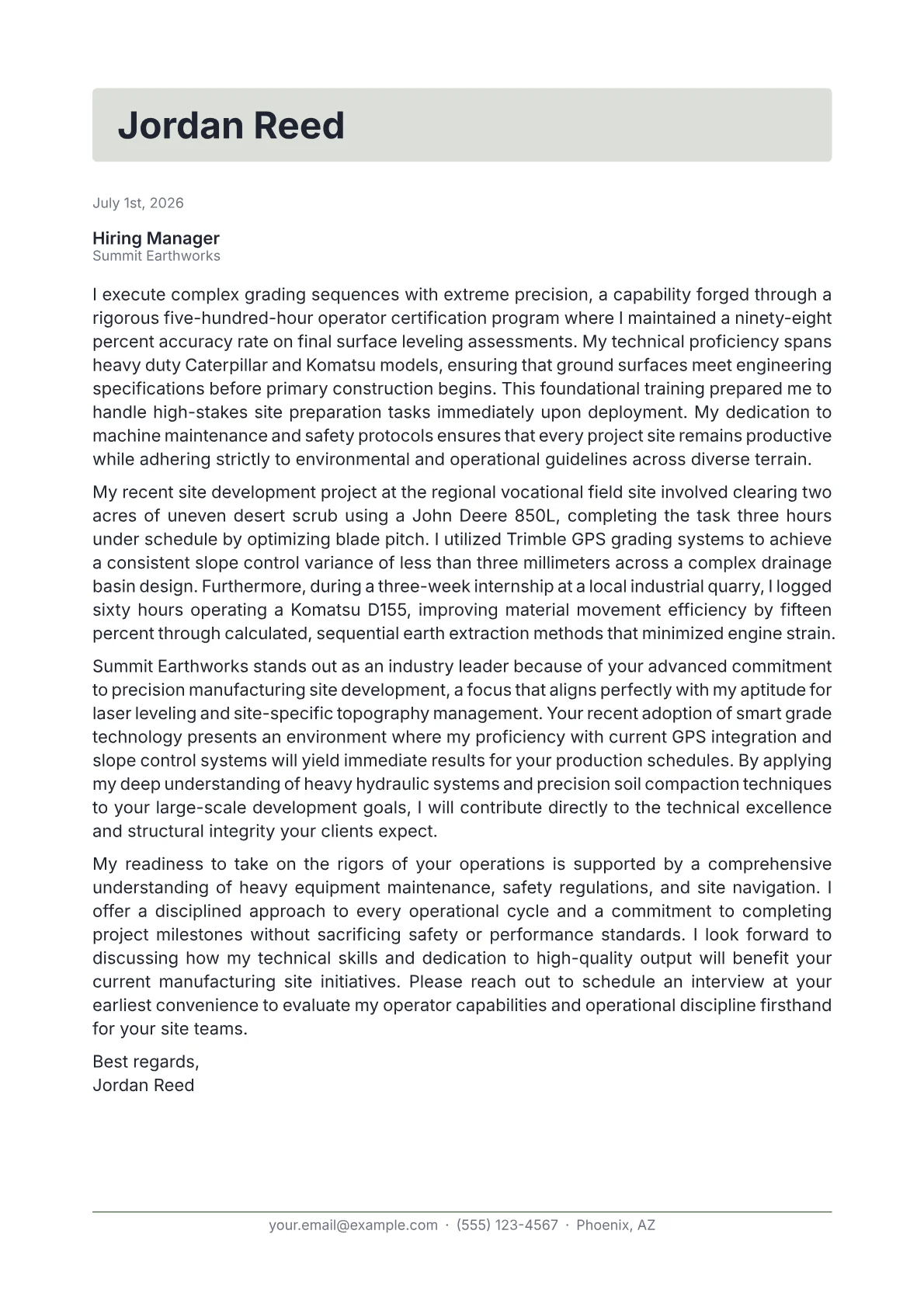 Bulldozer Operator cover letter in the Letterhead design
