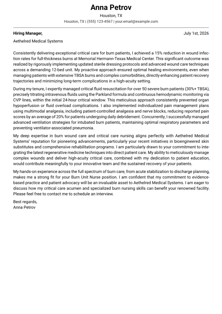 Burn Unit Nurse Cover Letter Example