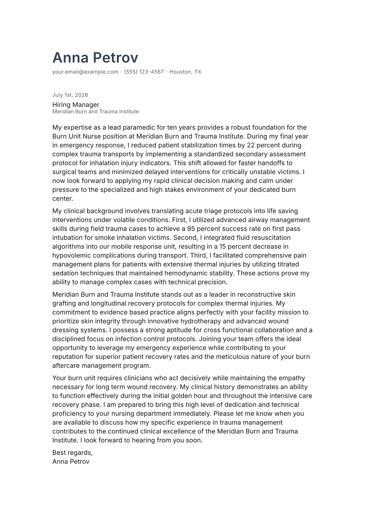 Burn Unit Nurse cover letter in the Minimal design