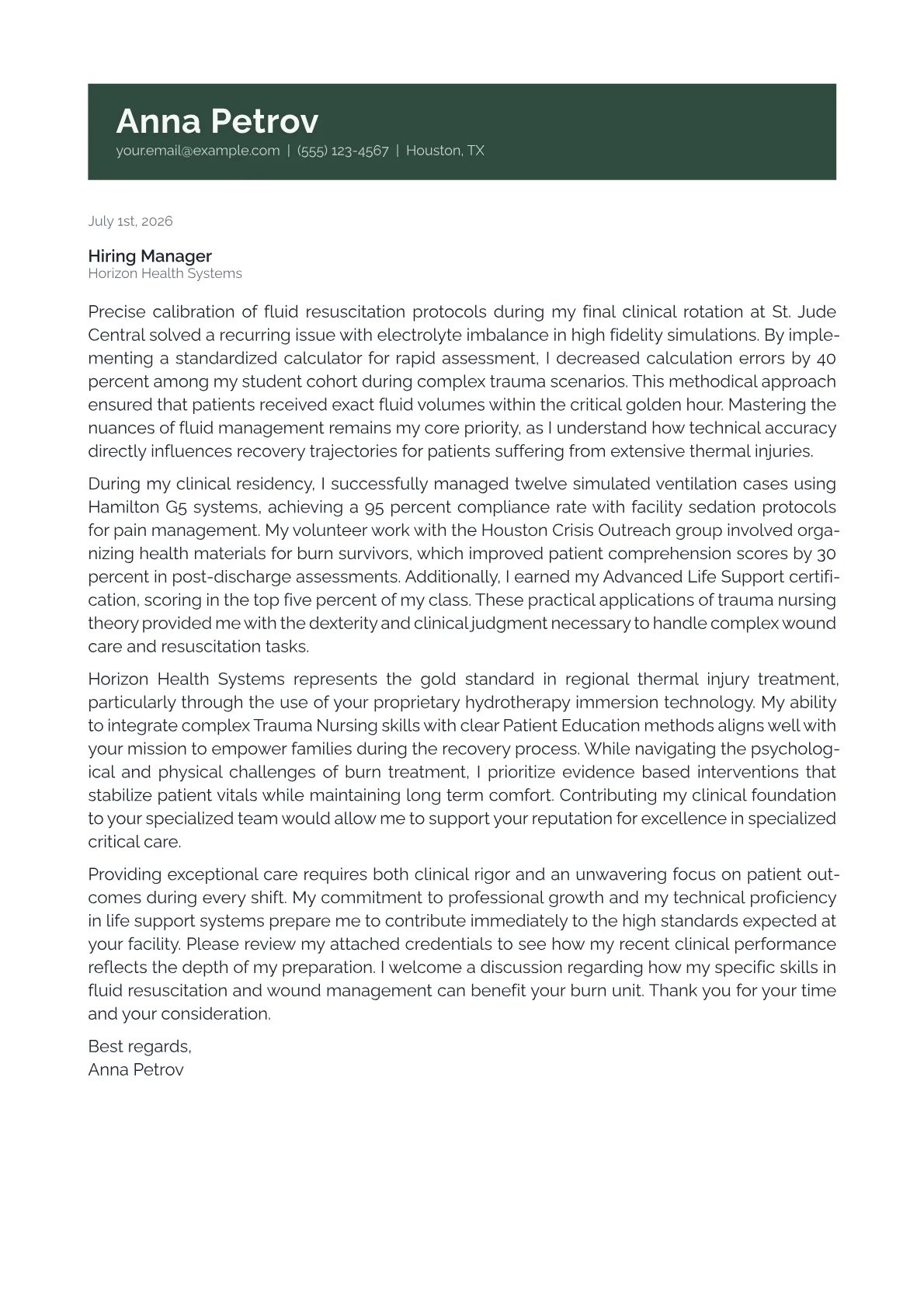 Burn Unit Nurse cover letter in the Banner design