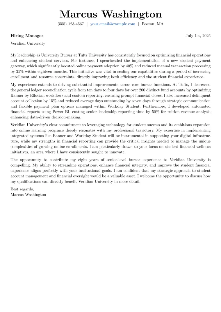 Bursar cover letter example preview