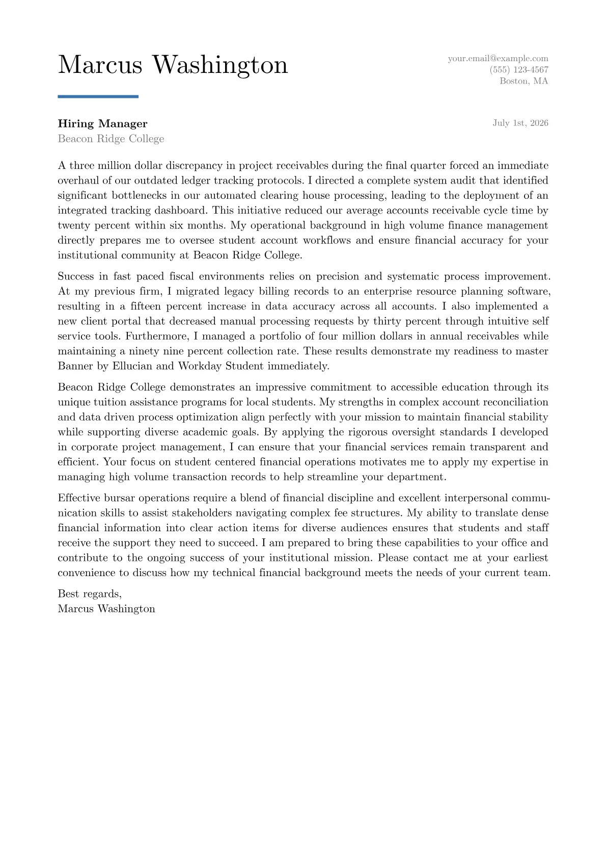 Bursar cover letter in the Executive design