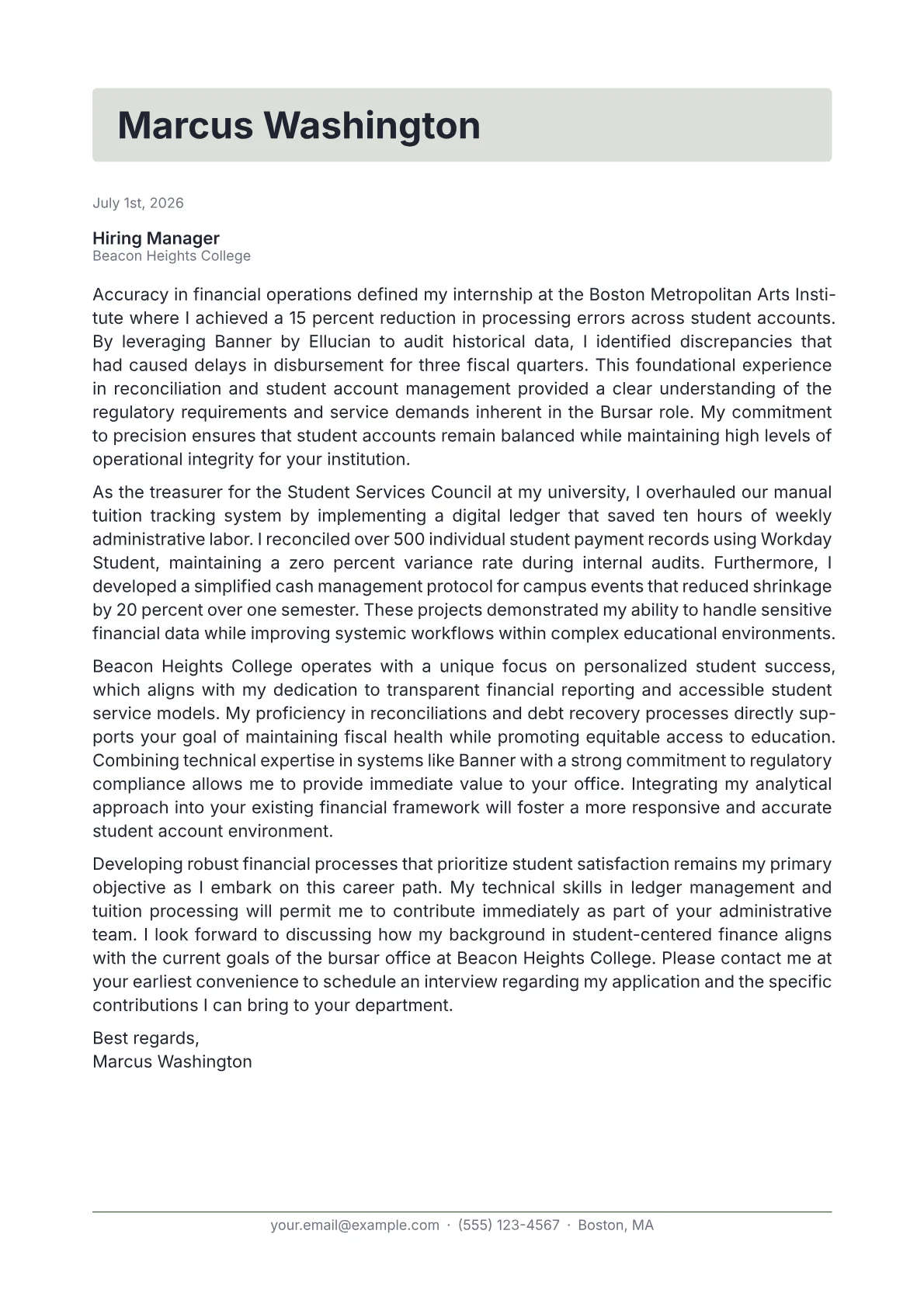 Bursar cover letter in the Letterhead design
