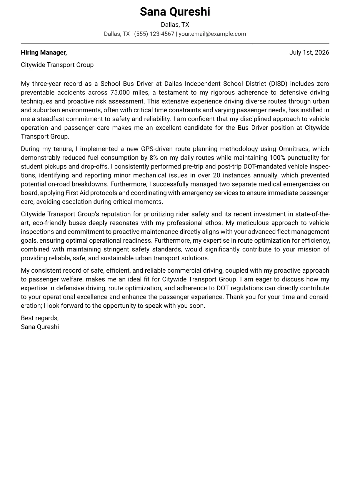 Bus Driver cover letter formatted with a JobSprout template