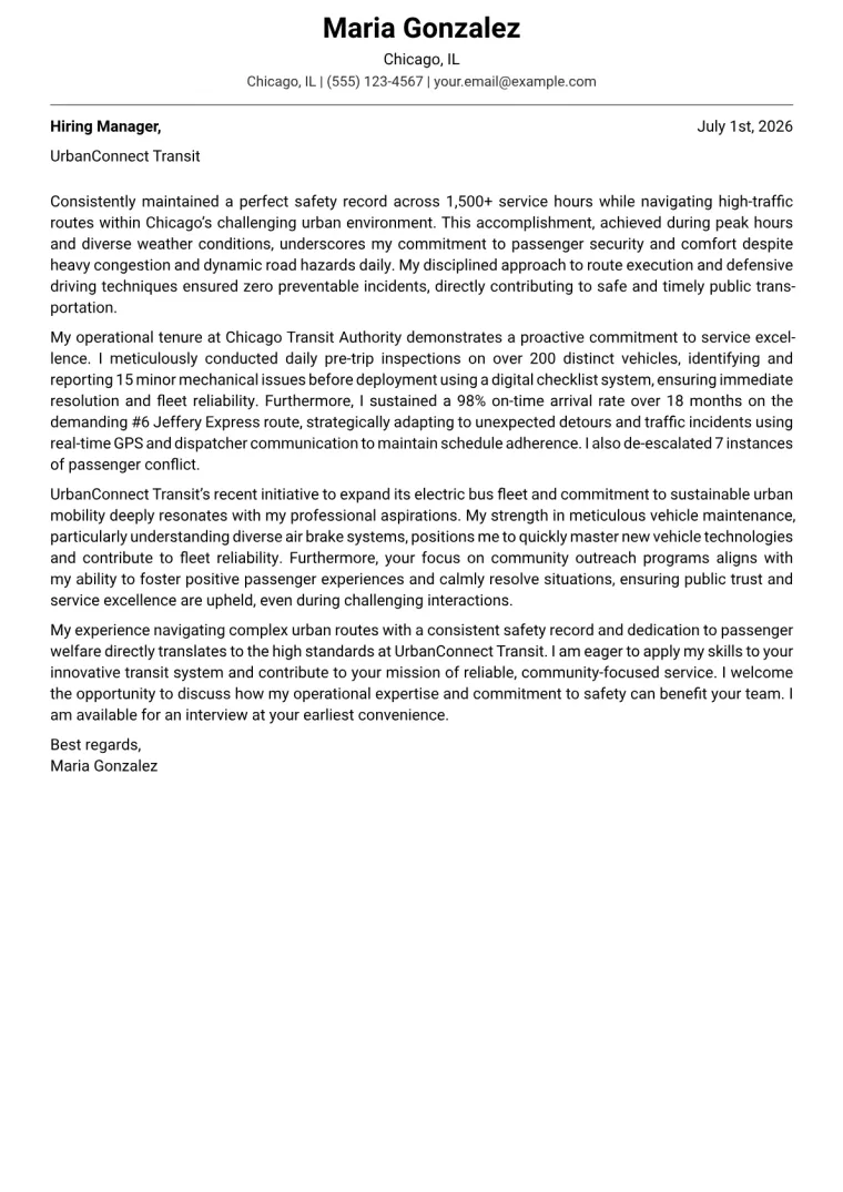 Bus Operator Cover Letter Example