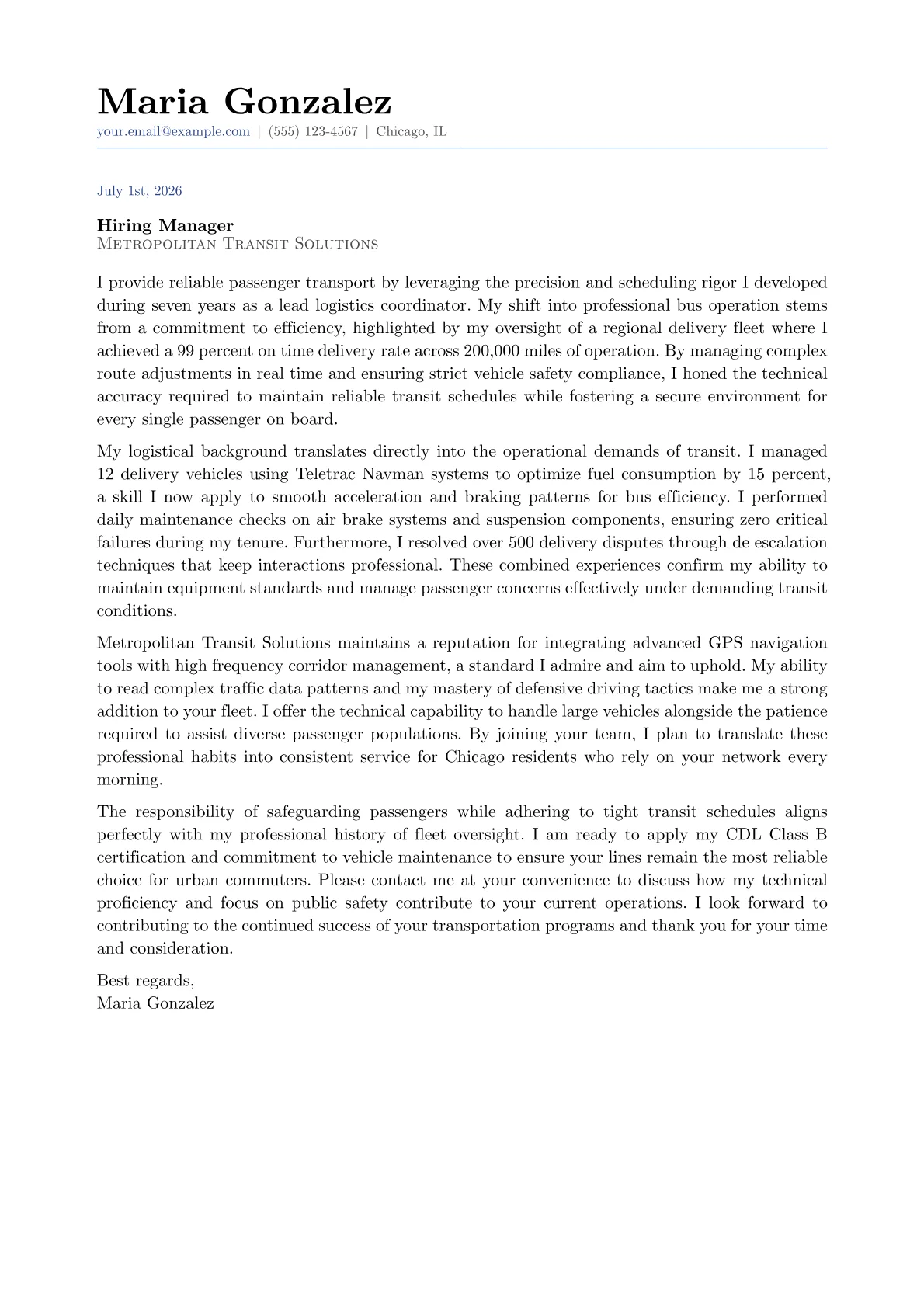Bus Operator cover letter in the Classic design