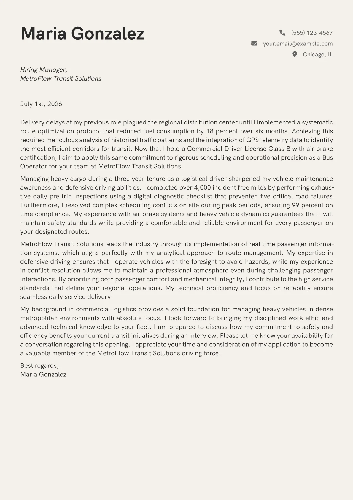 Bus Operator cover letter in the Creative design