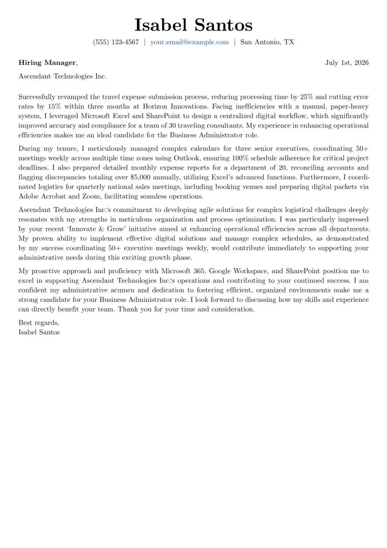 Business Administrator Cover Letter Example