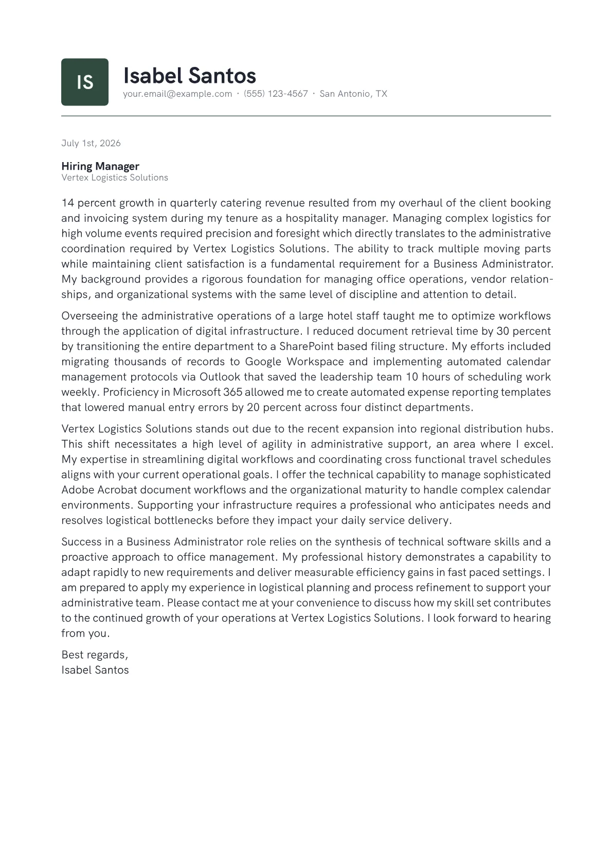 Business Administrator cover letter in the Emblem design