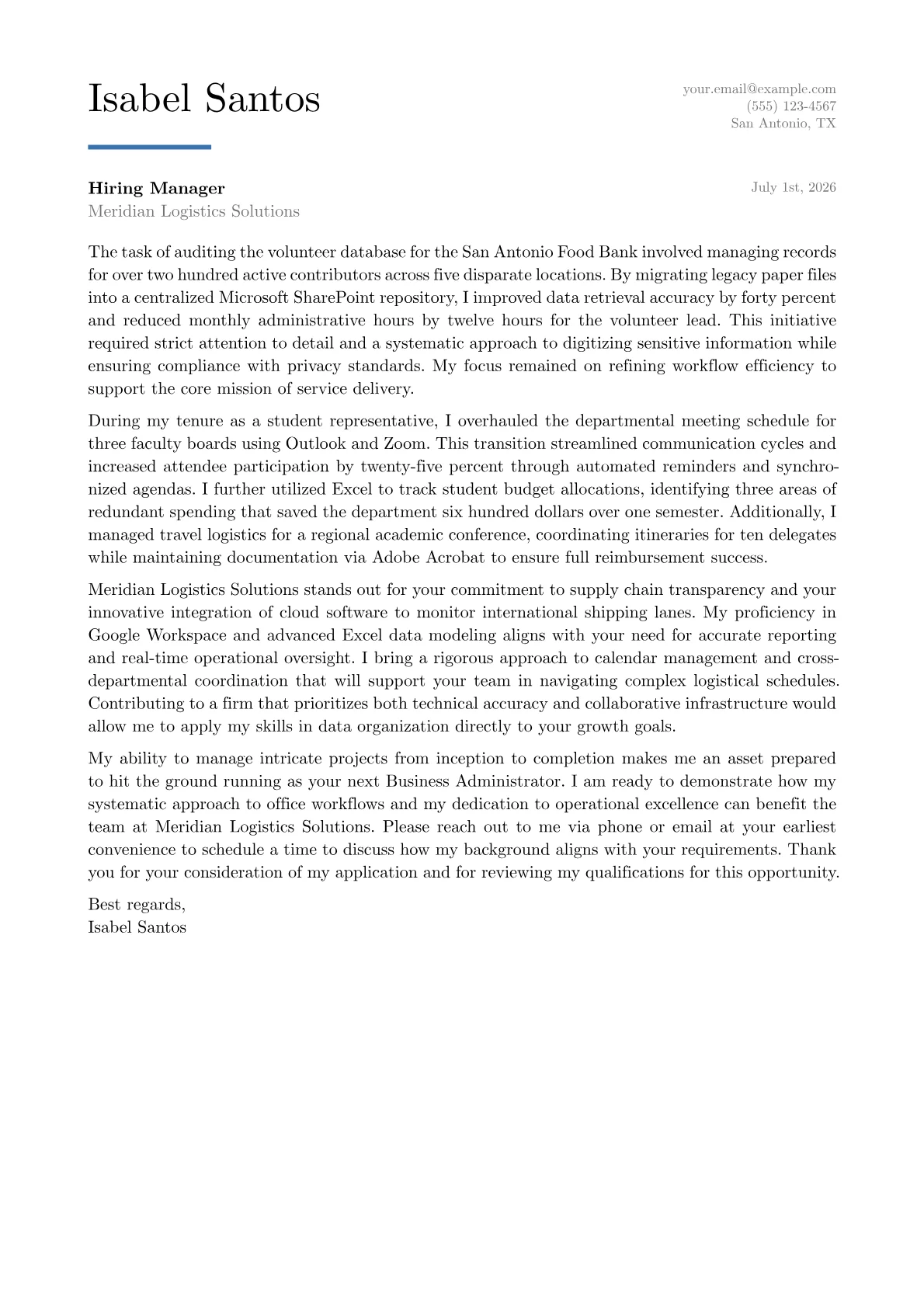 Business Administrator cover letter in the Executive design