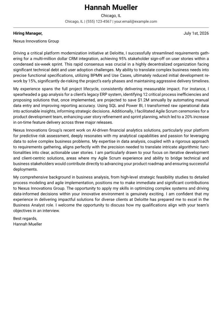 Business Analyst Cover Letter Example