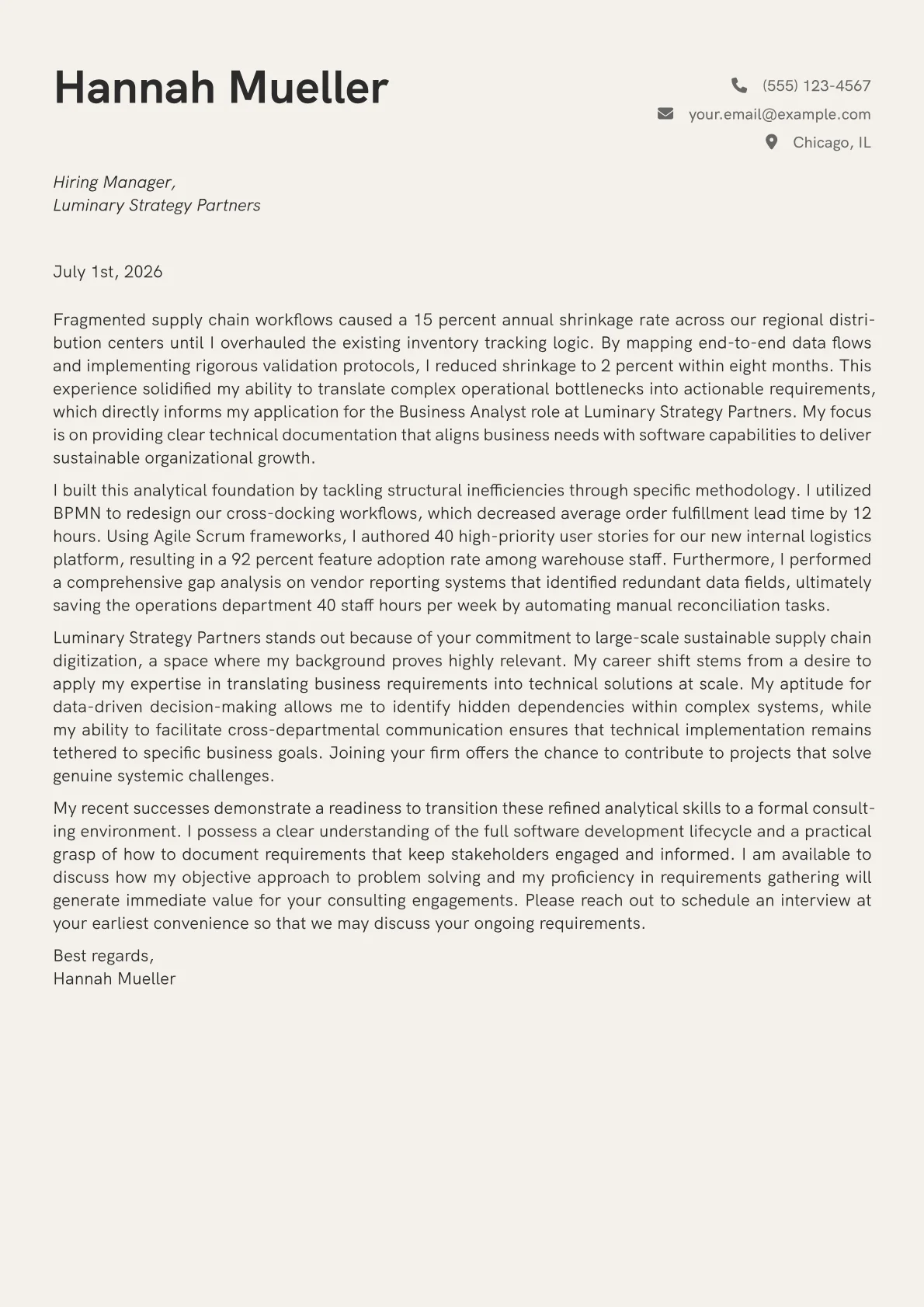 Business Analyst cover letter in the Creative design