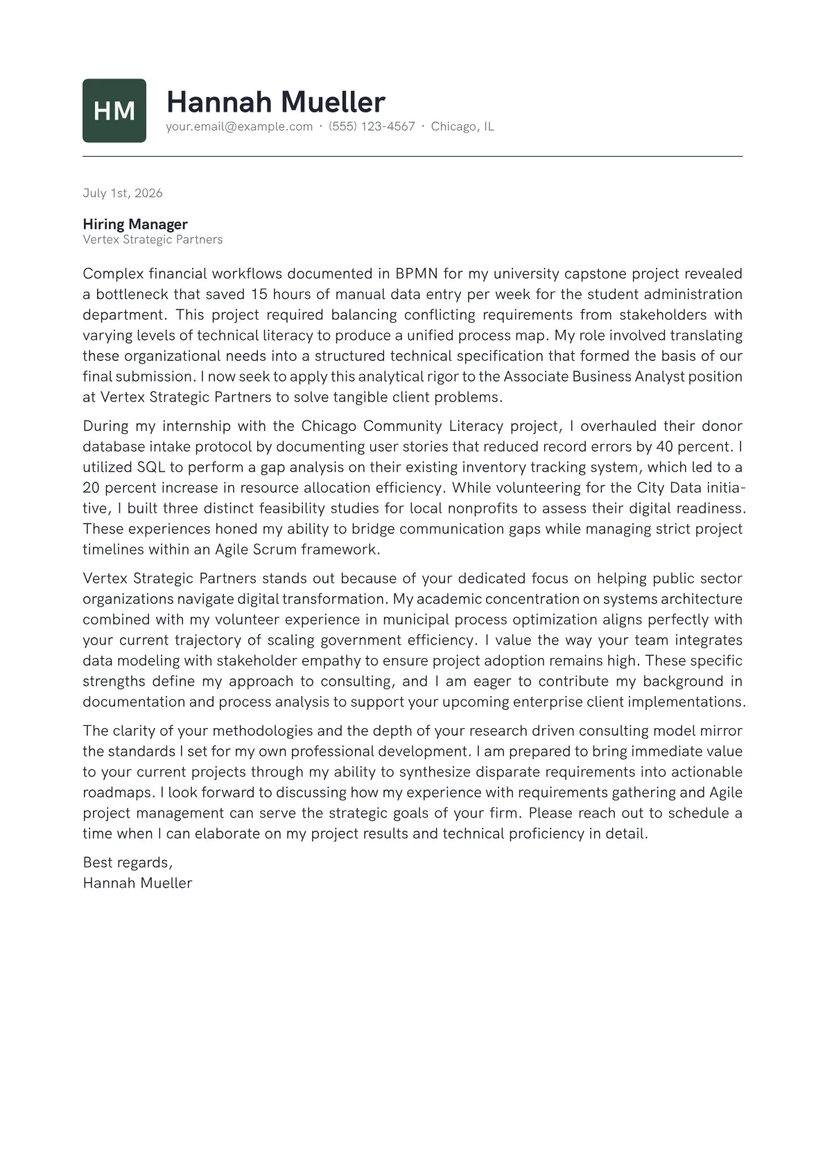 Business Analyst cover letter in the Emblem design