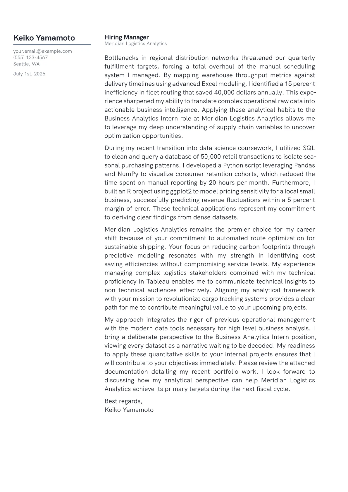 Business Analytics Intern cover letter in the Margin design