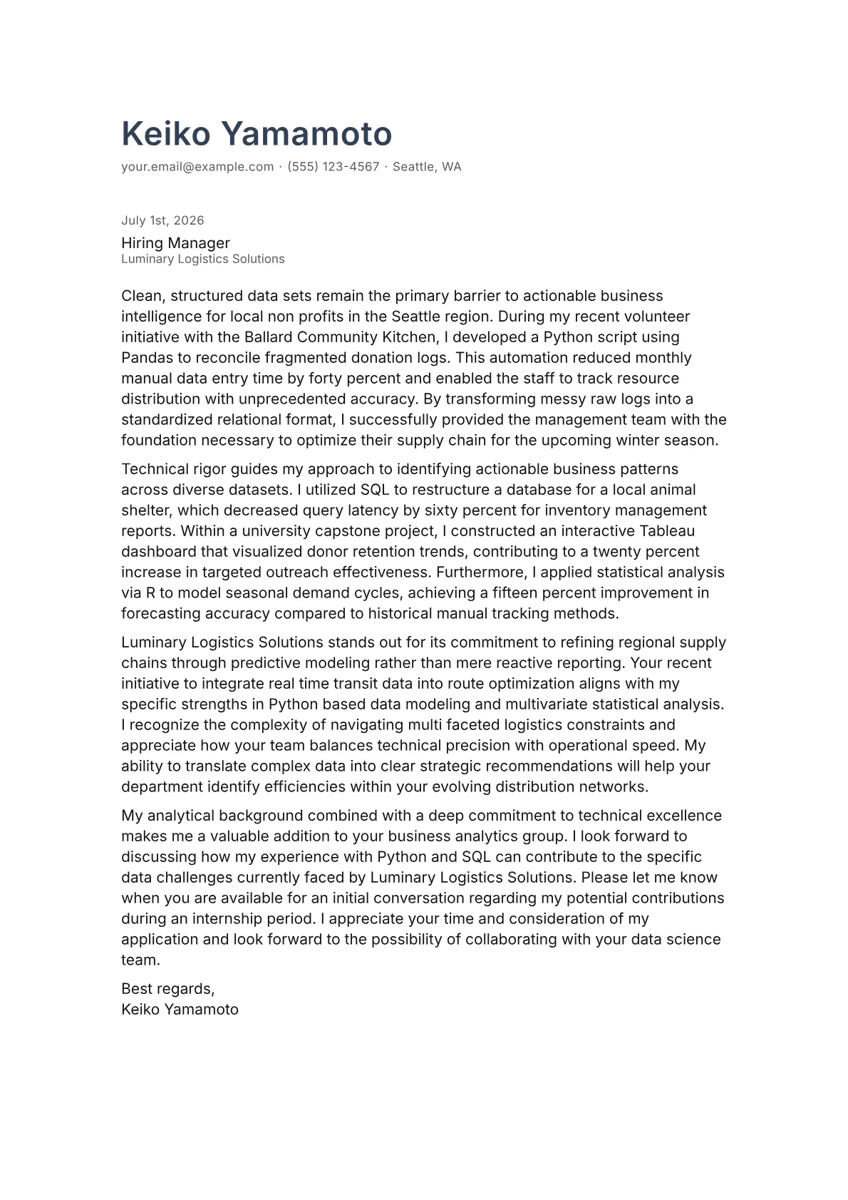 Business Analytics Intern cover letter in the Minimal design