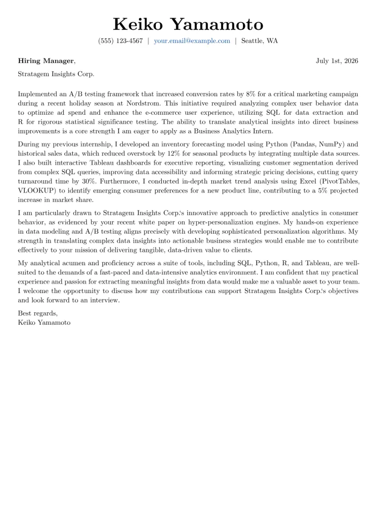 Business Analytics Intern Cover Letter Example