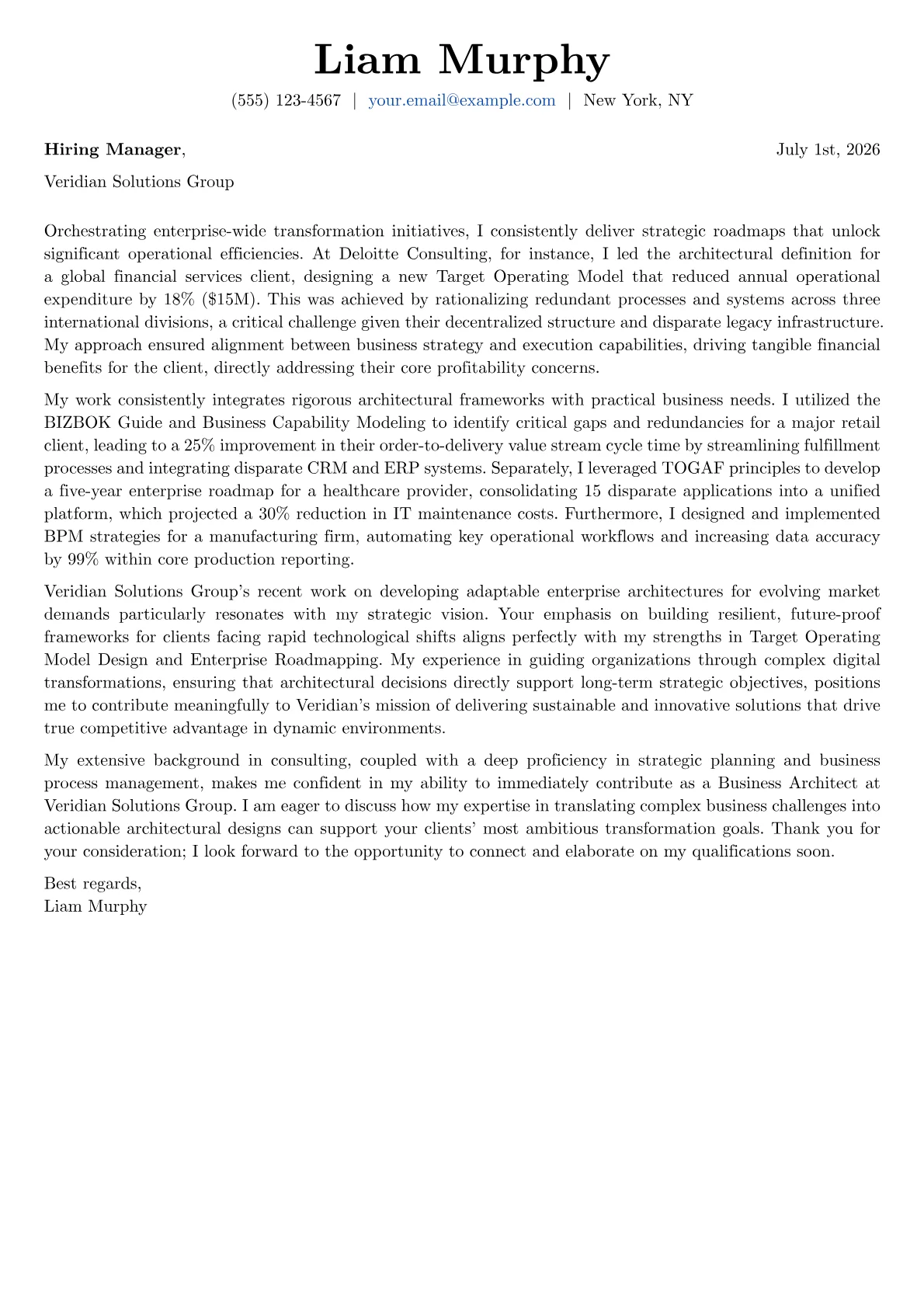 Business Architect cover letter formatted with a JobSprout template