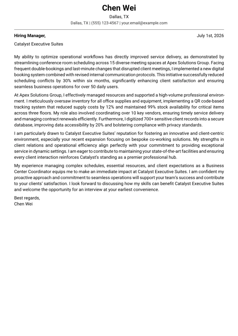 Business Center Coordinator Cover Letter Example
