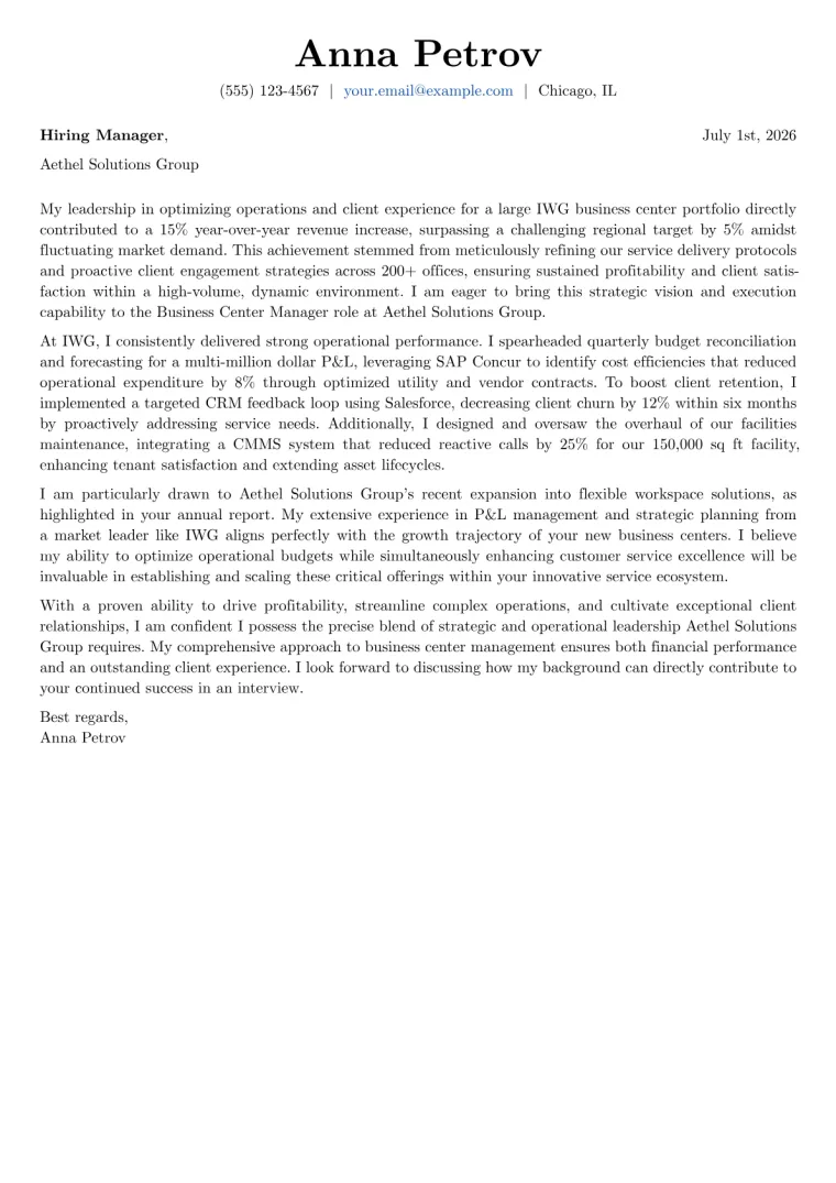 Business Center Manager cover letter example preview
