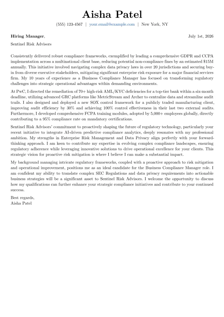 Business Compliance Manager cover letter example preview