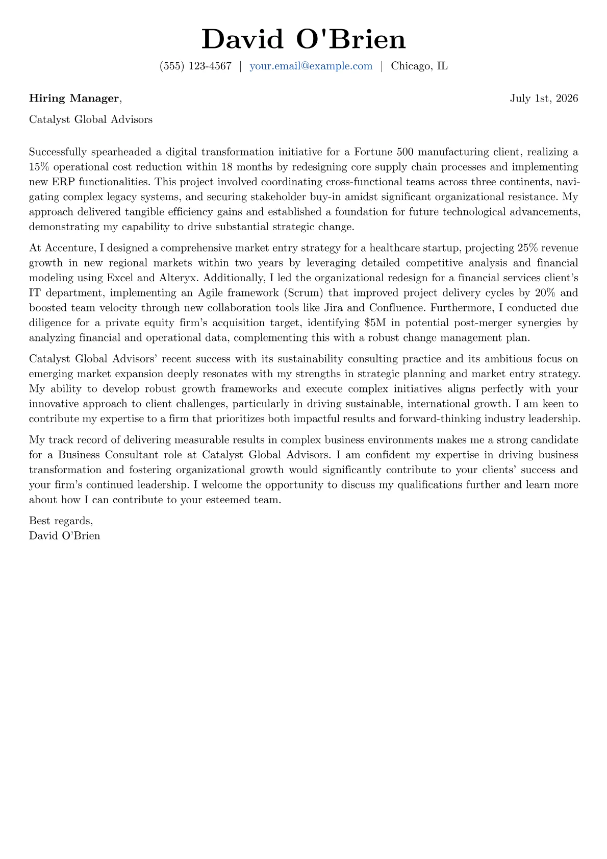 Business Consultant cover letter formatted with a JobSprout template