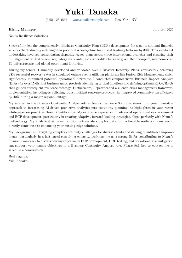 Business Continuity Analyst cover letter example