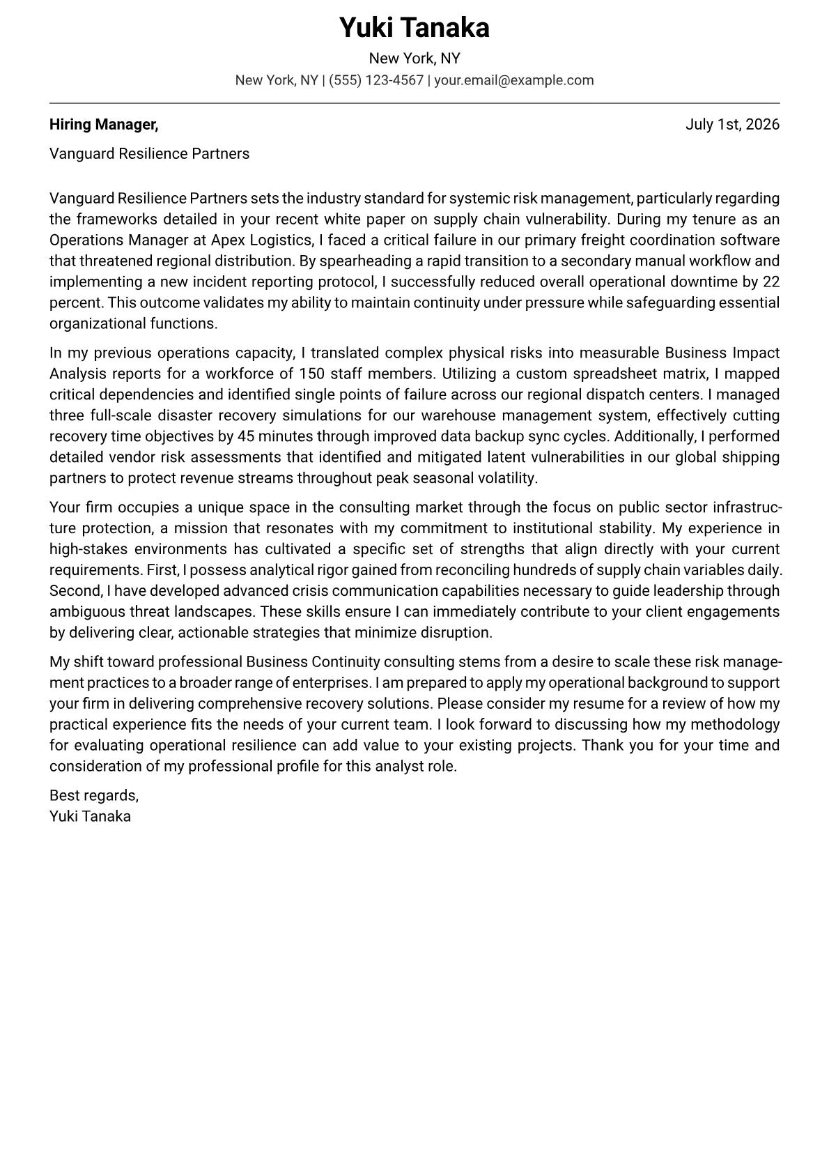Business Continuity Analyst cover letter in the Modern design
