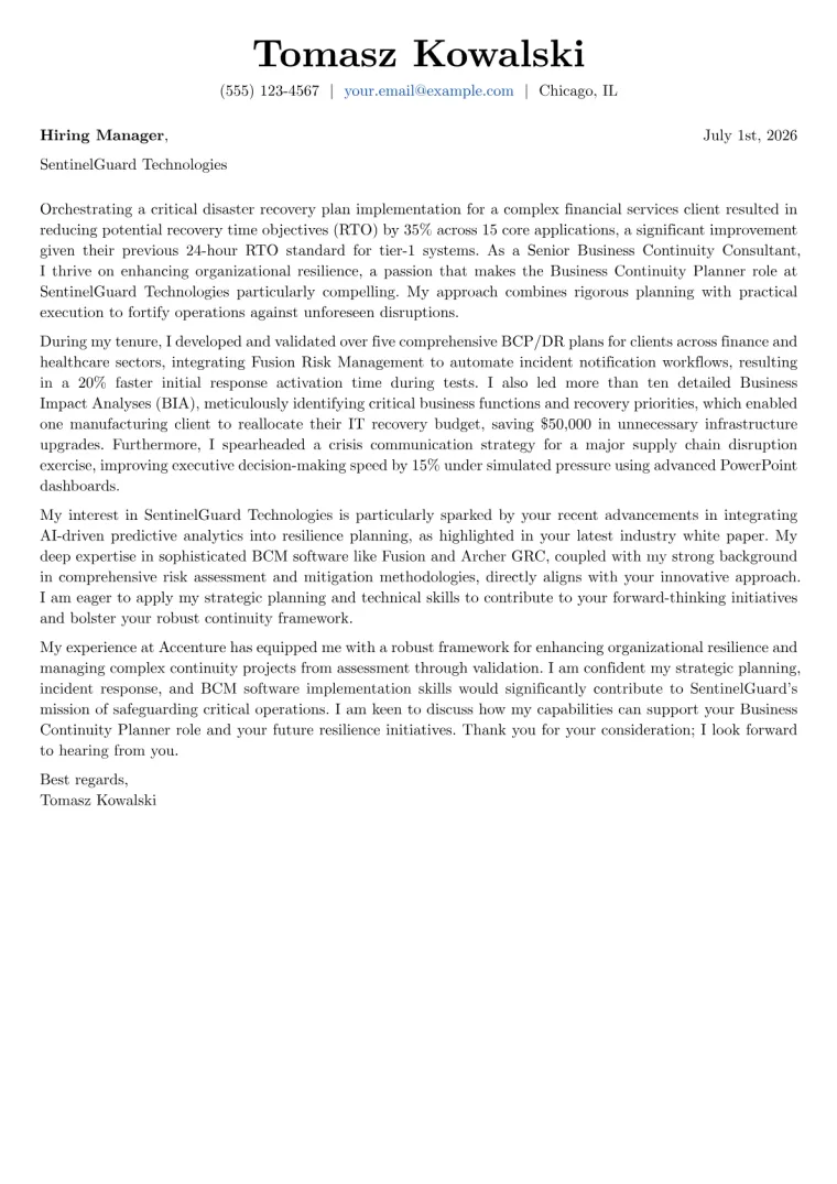 Business Continuity Planner cover letter example preview