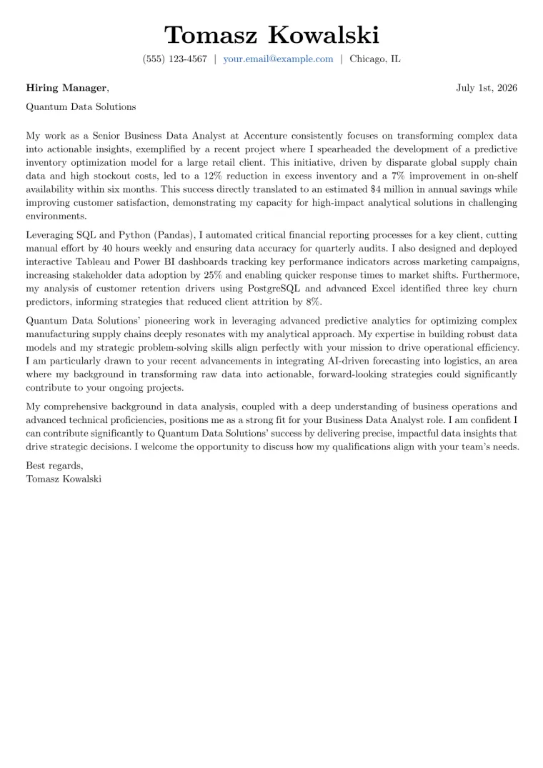 Business Data Analyst cover letter example