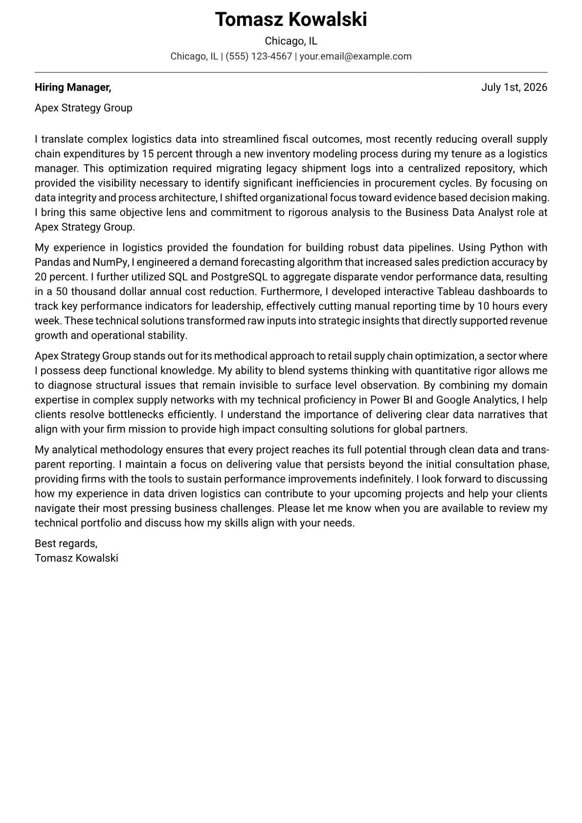 Business Data Analyst cover letter in the Modern design