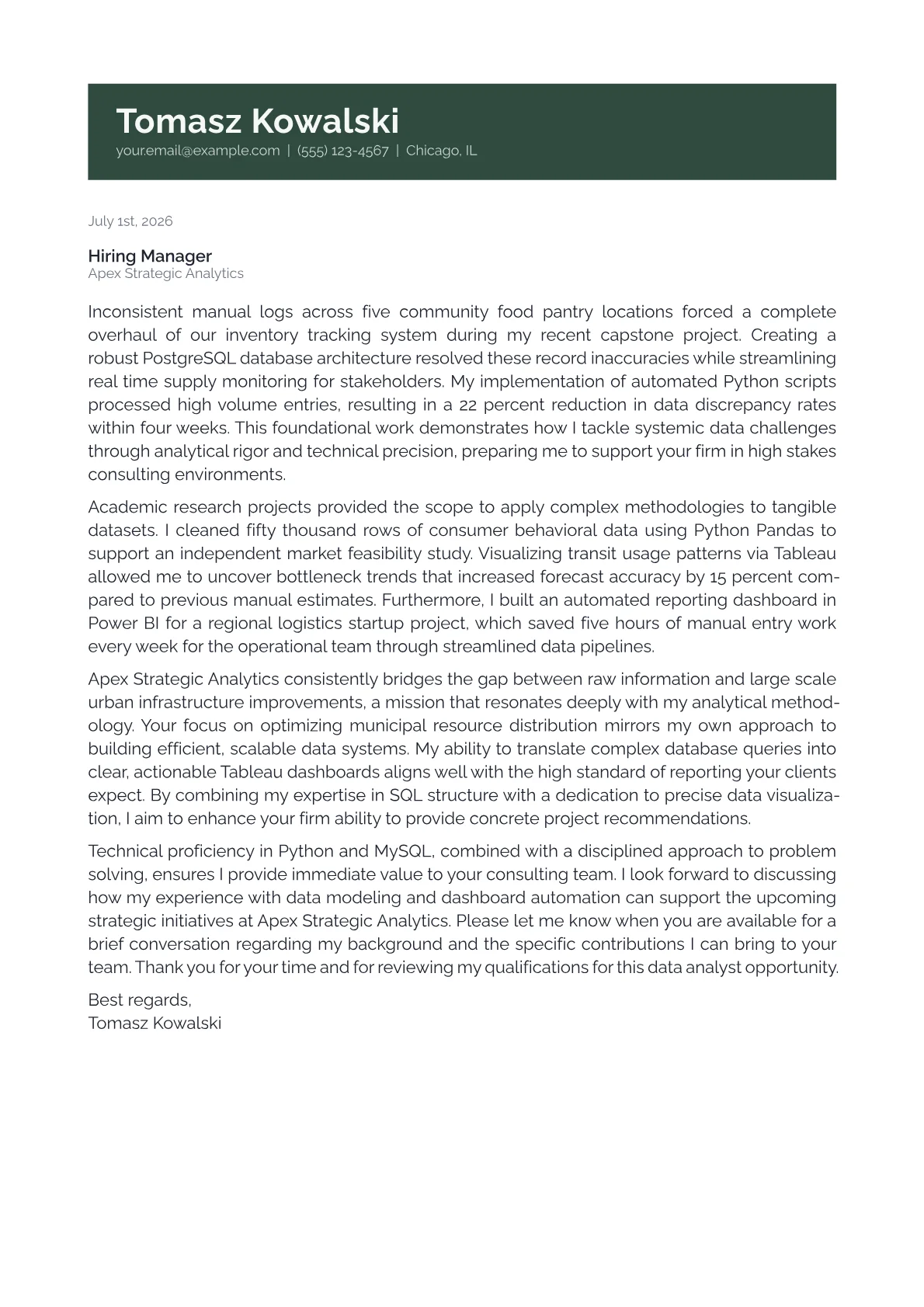 Business Data Analyst cover letter in the Banner design