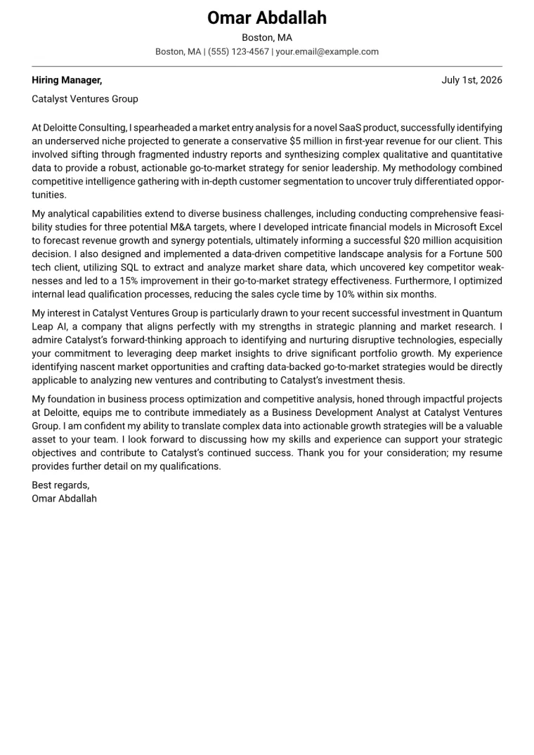 Business Development Analyst cover letter example