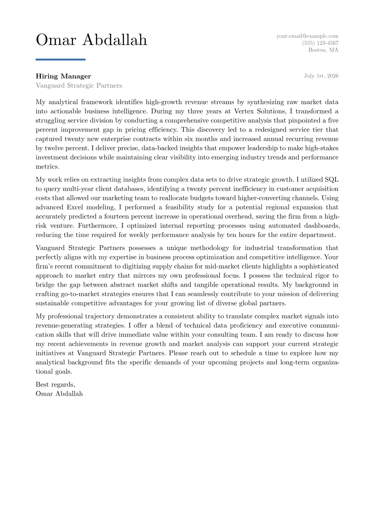 Business Development Analyst cover letter in the Executive design