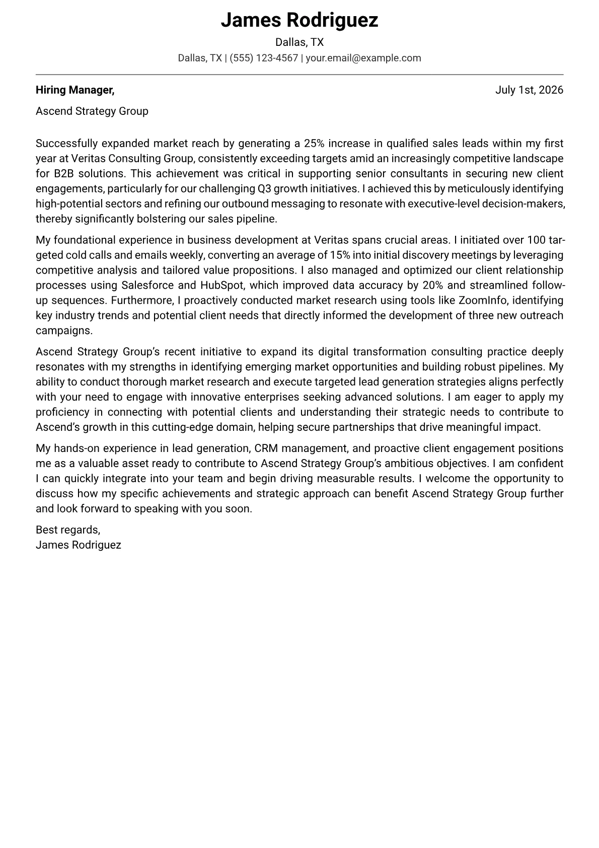 Business Development Associate cover letter formatted with a JobSprout template