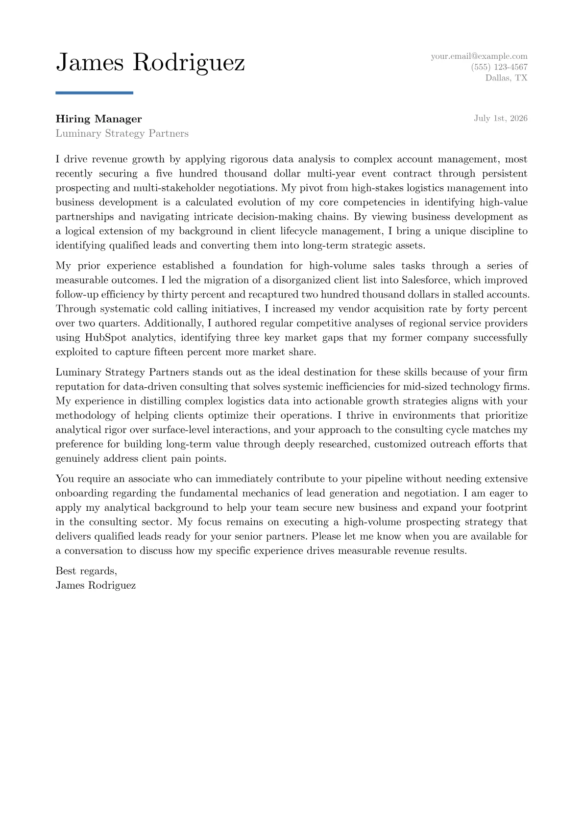 Business Development Associate cover letter in the Executive design
