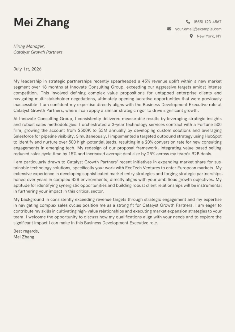 Business Development Executive cover letter example preview
