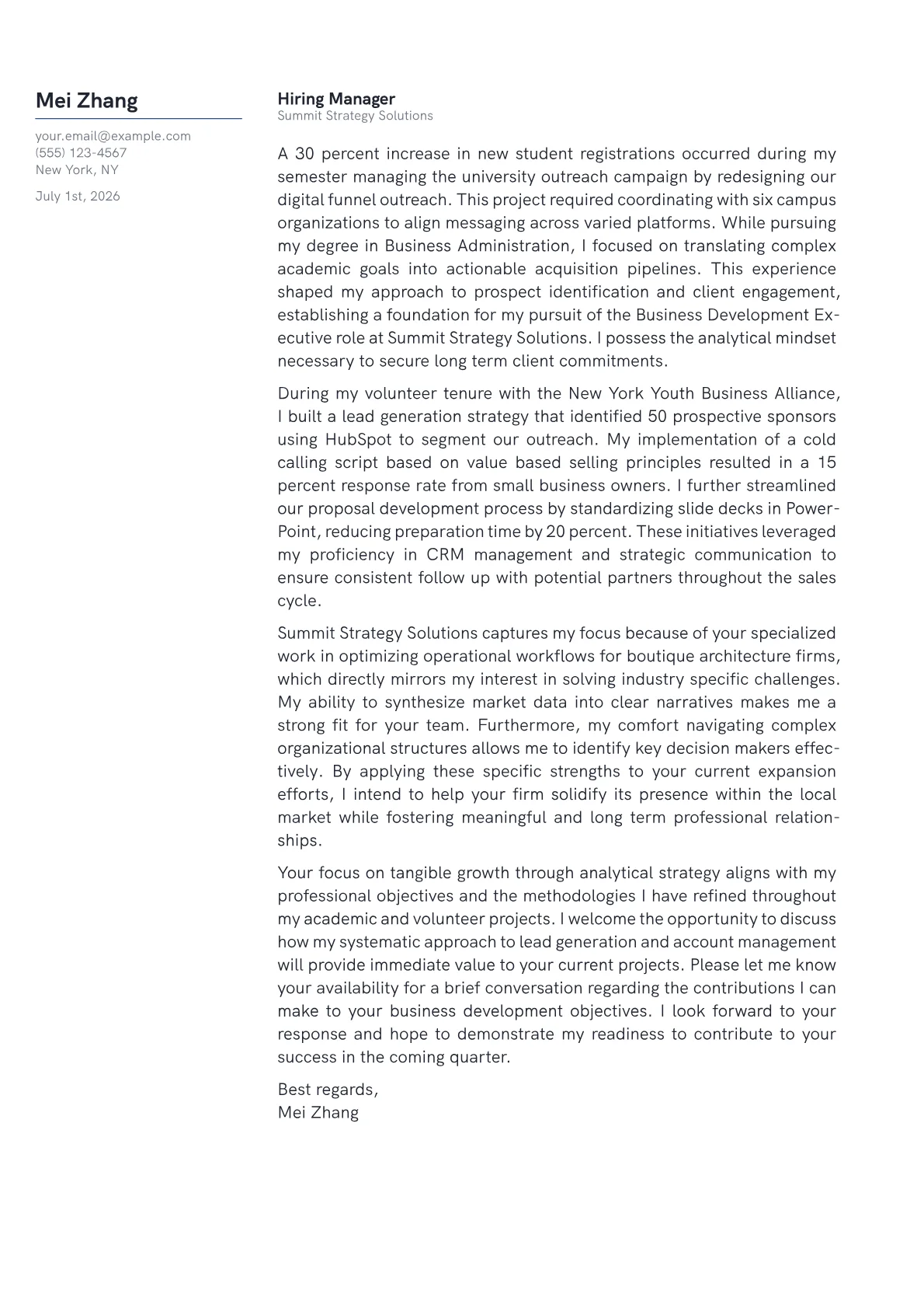 Business Development Executive cover letter in the Margin design