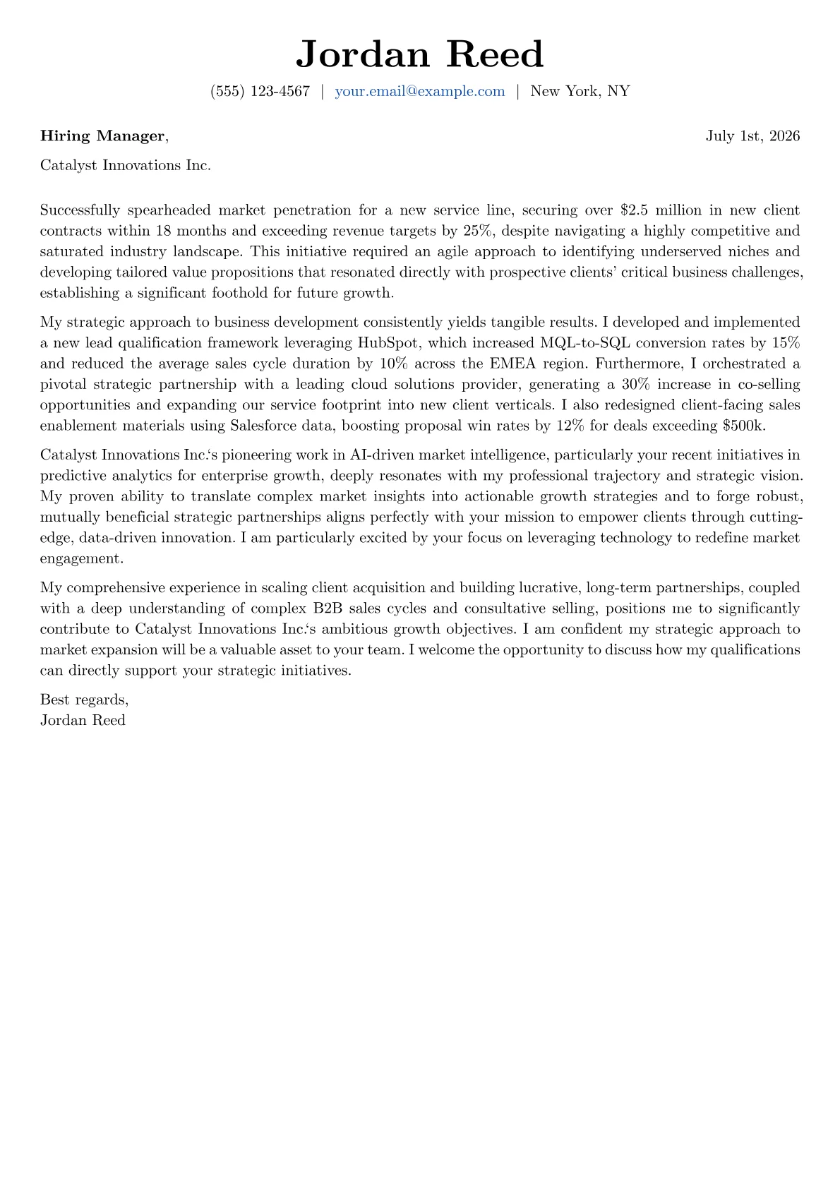 Business Development Manager cover letter formatted with a JobSprout template
