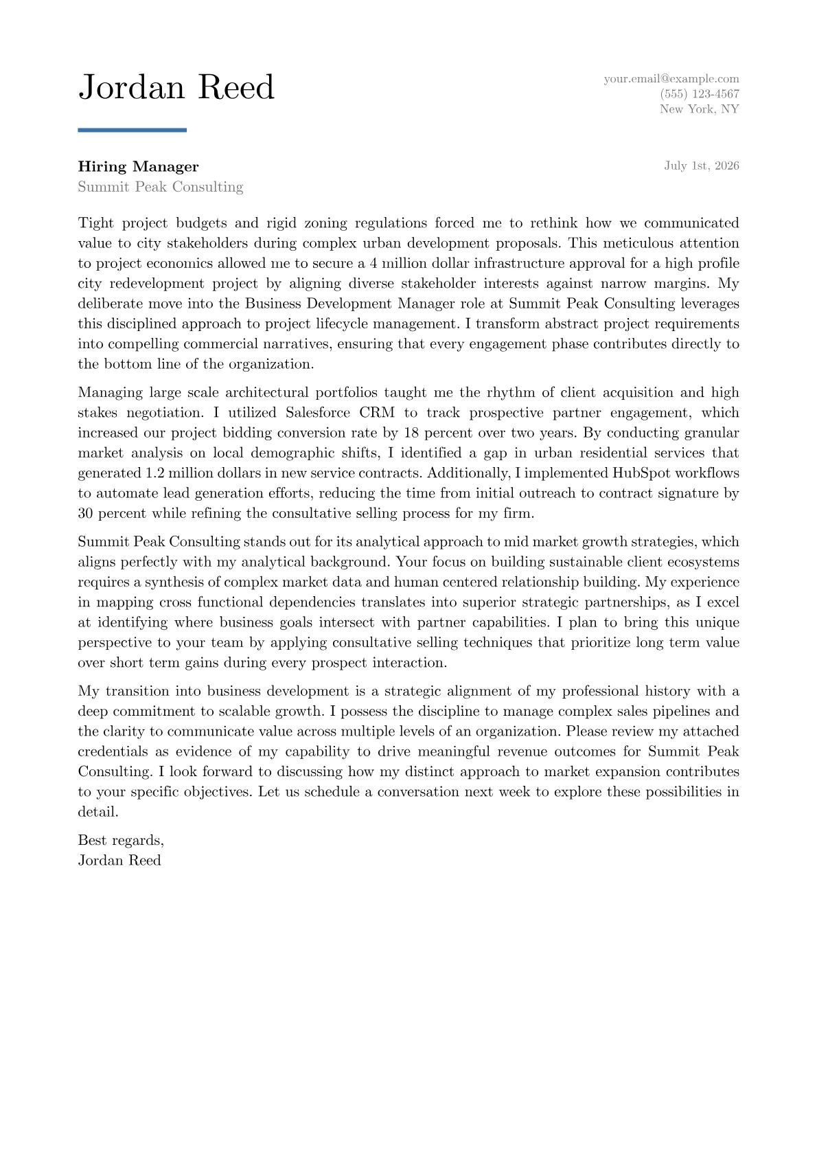 Business Development Manager cover letter in the Executive design