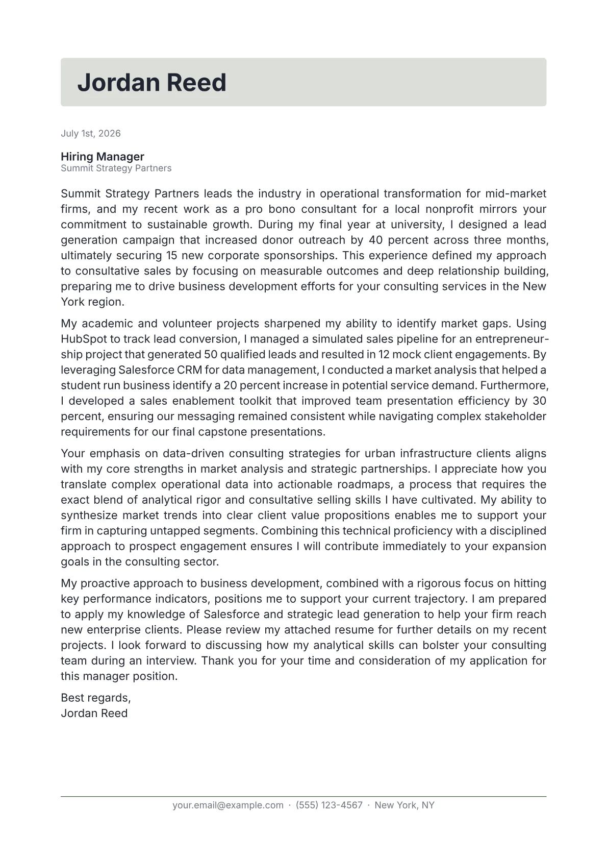Business Development Manager cover letter in the Letterhead design