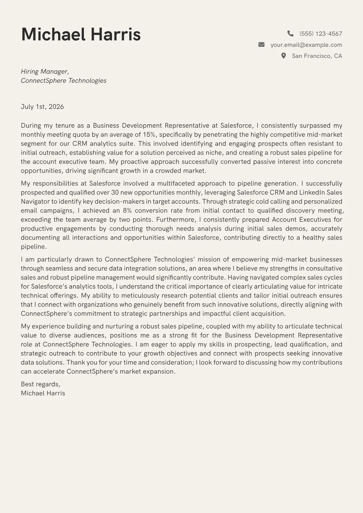 Business Development Representative cover letter formatted with a JobSprout template