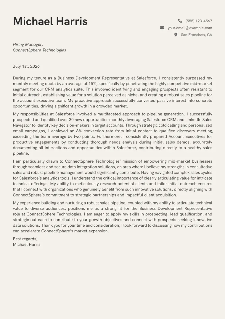 Business Development Representative Cover Letter Example