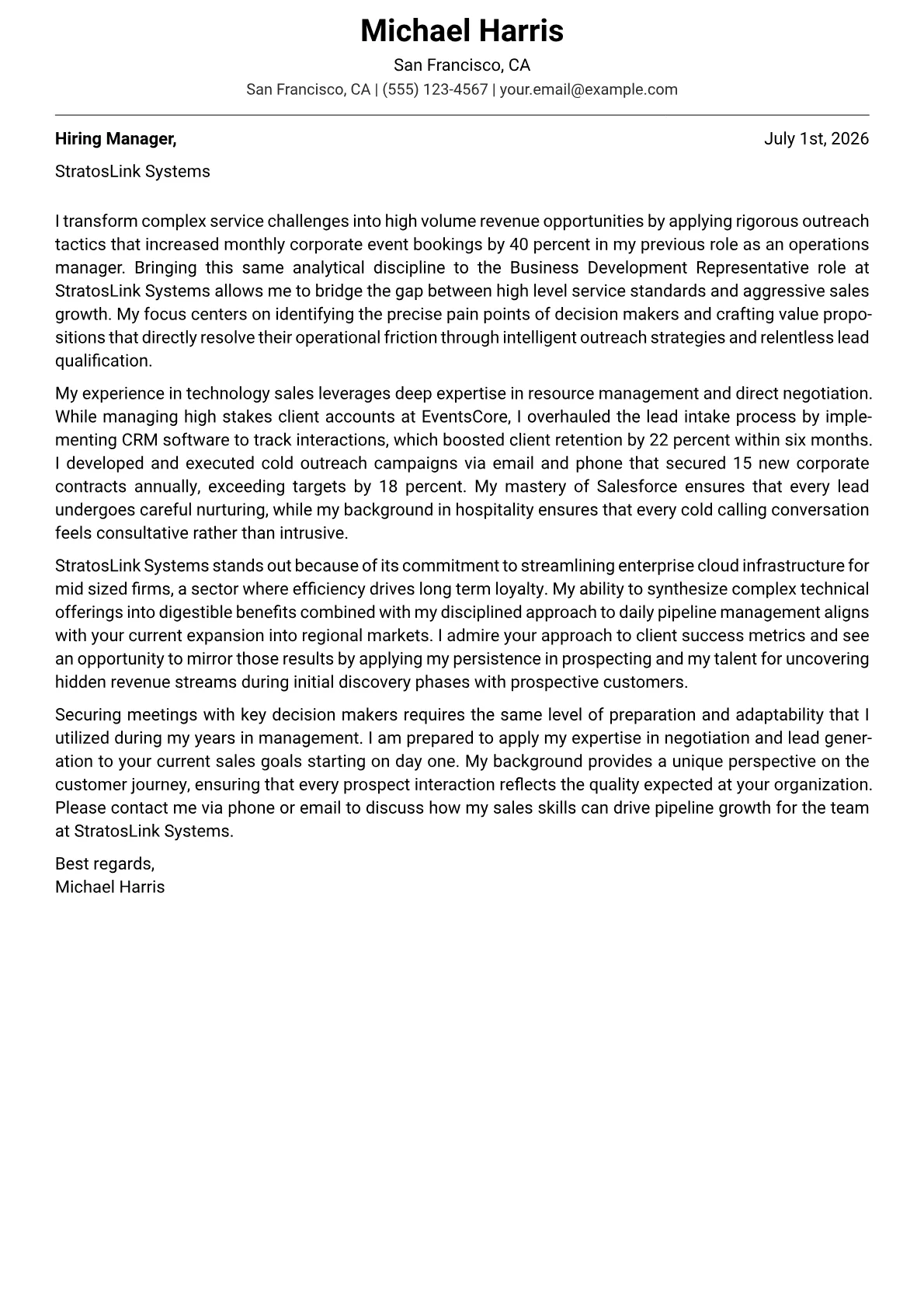 Business Development Representative cover letter in the Modern design