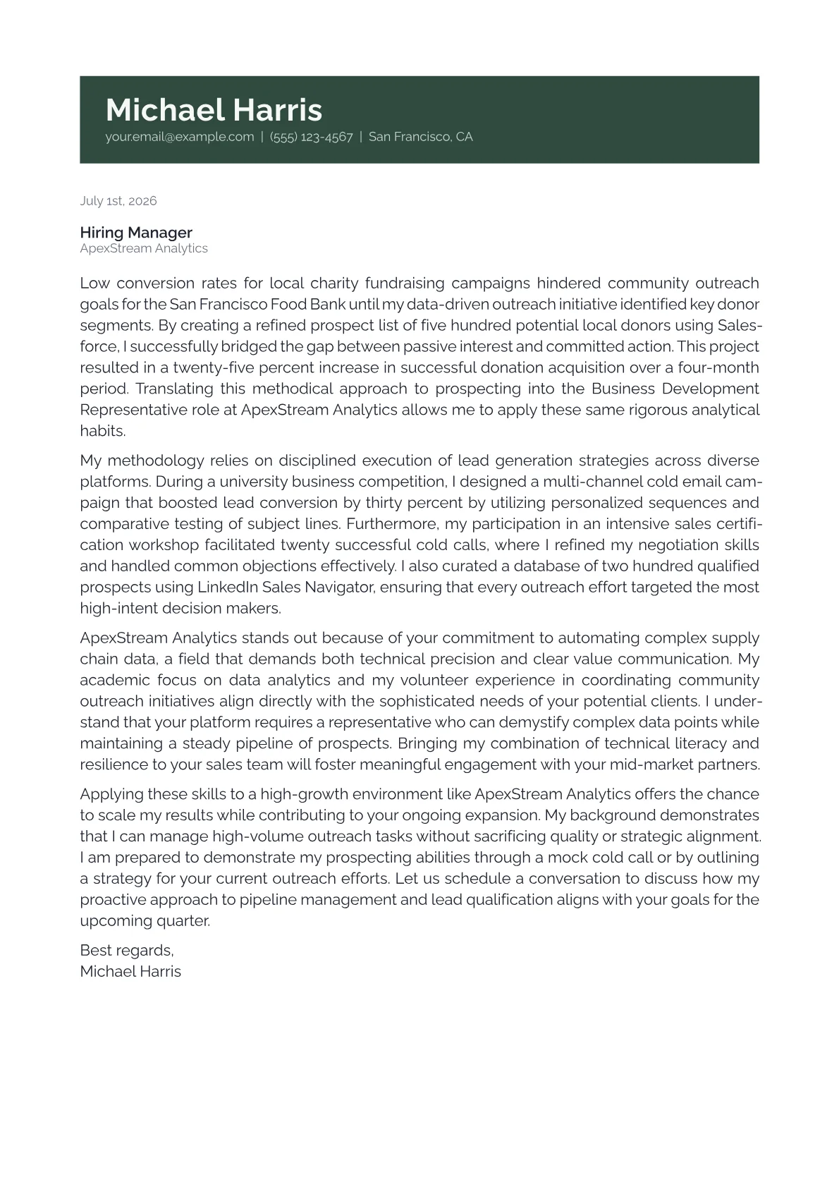 Business Development Representative cover letter in the Banner design